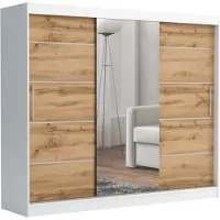Brent Schwebetürenschrank TOMY, 2-türig Schrank, Wotan, 235 cm Kleiderschrank mit 4 Schubladen, Spiegel, Kleiderstangen und Regalen, ideal für Schlafzimmer
