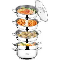 BEM Dampfkocher: 6-tlg Set aus Edelstahl 18/10, Ø 30 cm, Mantowarka Dampfgarer Topf mit Glasdeckel und Dampfeinsatz, für Induktionsherd geeignet