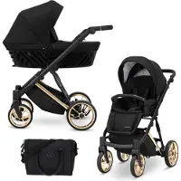 Kunert Kinderwagen IVENTO Sportwagen Babywagen Babyschale Komplettset Kinder Wagen Set 2 in 1 (Deep Black, Rahmenfarbe: Gold)