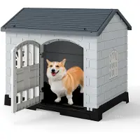 Costway 75x57x68 cm Hundehütte Outdoor, wetterfestes Hundehaus mit Tür, 3 Fenstern, ausnehmbarem Boden&Satteldach, Haustierhaus Hundekäfig Indoor Grau