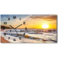 Tulup Wanduhr aus Glas – 60x30 cm - Glasbild - Glasuhr - Gehärtetes Glas - schwarze-zeiger - Sonnenuntergang am Strand