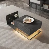 OKWISH Couchtisch mit LED-Licht und Glasplatte,Höhenverstellbarer Beistelltisch,Sofatisch mit Verstecktem Stauraum,Hochglanz,Schwarz