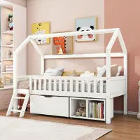OKWISH Hausbett, Kinderbett, Jugendbett 200x90 cm, mit Schubladen und Staufächern, geeignet für Jungen und Mädchen mit Absturzsicherungsgeländer, weiß