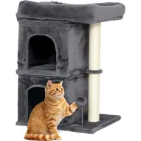 PawHut Kratzbaum klein, 66 cm hoch Katzenbaum mit 2 Höhlen, Spielball Dunkelgrau