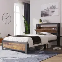 OKWISH Metallbett Jugendbett Kinderbett 90 x 200 cm mit Stauraum-Kopfteil , Bettrahmen aus Metall, mit Matratze,Schwarz +Natur