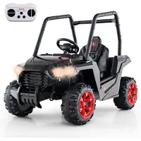 Goplus Kinder Elektroauto, Elektrofahrzeug UTV mit 3 verstellbaren Geschwindigkeiten, Musik, Hupe, Radio & LED-Lichter, Schwarz+Rot