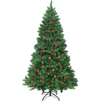 Goplus Künstlicher Weihnachtsbaum mit LED-Licht/Tannenzapfen/roten Beeren, Christbaum mit Metallständer, schwer entflammbar und Schnellaufbau, Tannenbaum für Zuhause oder im Büro (195CM)