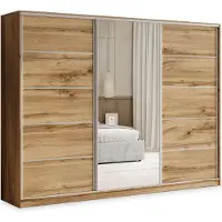 Masseno Schiebetürenschrank PINA 270/205/58 cm Kleiderschrank mit 4 Schubladen Schlafzimmer Schrank 3-türig mit Spiegel Eiche Wotan