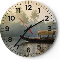ARTTOR Wanduhr - Rund - Glasuhr - Indien Boot Fluss - 40x40cm - Schleichendes Uhrwerk - Lautlos - zum Aufhängen bereit - Dekoration Modern - Wanddekoration aus Glas - C4AR40x40-4863