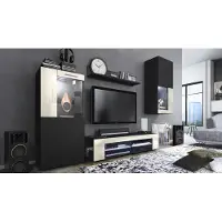 Vladon Wohnwand Movie, Anbauwand bestehend aus 1 TV-Board, 2 Vitrinen und 1 Regal, Schwarz matt/Schwarz matt/Creme Hochglanz, inkl. LED-Beleuchtung weiß (Gesamt: 300 x 190 x 39 cm)