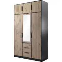 Mirjan 24 Kleiderschrank Lati D3 mit Schrankaufsatz, Drehtürenschrank mit 3 Drehtüren und 3 Schubladen, Frontspiegel (Farbe: Schwarz / Eiche Viking)