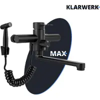 KLARWERK MAX | Gastronomie Mischbatterie Wandmontage Armatur Schwarz | Küchenarmatur Edelstahl lang und flach | Wasserhahn Restaurant Wand Auslauf