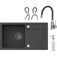 VBChome Spülbecken mit Armatur 77 x 44 cm Schwarz Einzelbecken Einbauspüle Abtroffläche Gesprenkelt Reversibel Granitspüle Siphon Spülmittelspender Armatur