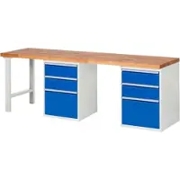 RAU Werkbank mit 6 Schubladen - Teilauszug - 180:4 / 360:2 - 840 x 2.500 x 700 mm (HxBxT) - Traglast 1.000 kg - Buche