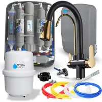 ARI Wasserfilter Set RO7 Slim mit Küchenarmatur Nordic 3-Wege, 7-stufige Filtration, Schwarz-Gold