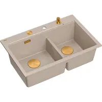 Quadron Spülbecken 2-Becken Spüle | Größe: 76 x 50 x 23.5 cm | MARC 120 | Granitspüle aus GraniteQ mit Siphon + Spender + Platte | Beige + Kupfer