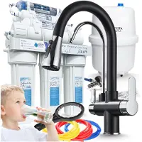 ARI Wasserfilter Set RO7 mit 3-Wege Küchenarmatur Nordic Schwarz-Chrom, 7-stufige Umkehrosmose, Mineralisierung