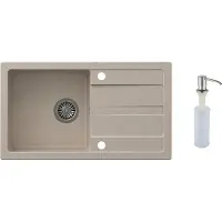 VBChome Spülbecken 77 x 44 cm Beige Granit Einzelbecken Spüle Küchenspüle Einbauspüle Abtroffläche Gesprenkelt Reversibel Verbundspüle Siphon Spülmittelspender