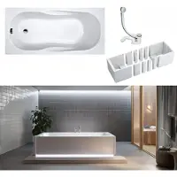 VBChome Badewanne 160 x 70 cm Weiß Acryl Platz für LED-Beleuchtung Styroporträger Wannenträger Siphon Wanne Rechteck Modern Ablaufgarnitur in Chrom