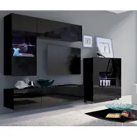Lomadox Wohnzimmer Möbel Set in schwarz Hochglanz mit LED Beleuchtung CAIRNS-132, B/H/T ca. 365/200/43 cm