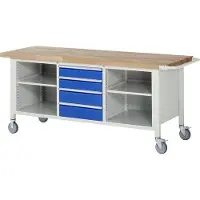 RAU Mobile Werkbank mit 2 Ablageböden - 4 Schubladen - Vollauszug - 120:2 / 150:2 - Höhe 880-1.080 mm - 2.000 x 700 mm (BxT) - Traglast 450 kg - Buche