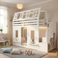 MODFU Hochbett 90x200 Mit Matratze,Kinderbett mit LED,Etagenbett mit Rausfallschutz und Treppe,Holzbett Bettgestell,Fenster-Form,Weiß