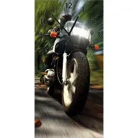 Wallario Design Wanduhr Fahrendes Motorrad im Wald mit Herbstlaub aus Echtglas, Größe 30 x 60 cm