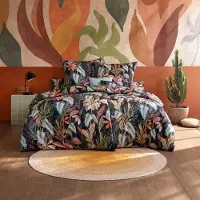 Estella Mako-Satin Bettwäsche 135x200 Juliane schwarz Blätter Blatt bunt 7677-985