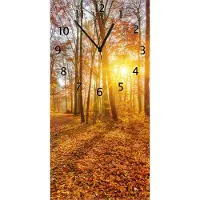 Wallario Design Wanduhr Sonnenuntergang im herbstlichen Wald aus Echtglas, Größe 30 x 60 cm