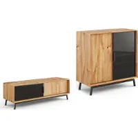 Feldmann-Wohnen Wohnzimmer-Set Modern Loft Wohnwand Massivholz geölt Ausführung wählbar,Weinregal (Glas) mit Lowboard,Eiche Natur