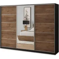 Masseno Schiebetürenschrank NATA 235/205/58 cm Kleiderschrank mit 4 Schubladen Schlafzimmer Schrank 3-türig mit Spiegel Schwarz / Eiche Lefkas