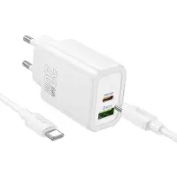 Hoco Ladegerät 20W GaN USB-C + USB-A Netzteil | Schnellladegerät PD QC 3.0 | Handy Ladegerät weiss für iPhone & Samsung Smartphone Ladeadapter inkl. USB Typ C Ladekabel