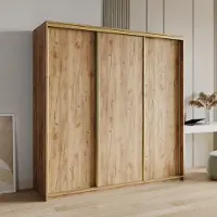 Masseno Schiebetürenschrank NISSE 200/205/60 cm Kleiderschrank mit Schubladen Schlafzimmer Schrank 3-türig Craft Eiche Goldfarben + Gold