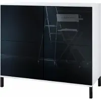 Vladon Kommode Rova V3, Moderner Küchenschrank mit 4 Push-to-Open Türen Weiß matt / Schwarz Hochglanz (92,5 x 83.5 x 35)