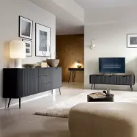 Lomadox Wohnzimmer Set 3-teilig schwarz mit Rillen, Metallfüße schwarz, ZARA-160