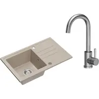 VBChome Spülbecken Granit Beige mit Armatur 70 x 44 cm Einzelbecken Einbauspüle Gesprenkelt Reversibel Granitspüle Siphon Waschbecken Armatur Inox