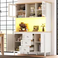 MODFU Seitenschrank Aufbewahrungsschrank mit Metallgriffen und LED-Beleuchtung,Küchenschrank Anrichteschrank mit wandmontierbares Anti-Kipp-System,mit Kabelmanagement-System,weiß