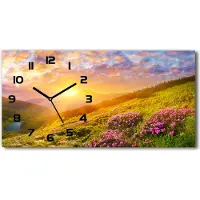 Tulup Wanduhr aus Glas – 60x30 cm - Glasbild - Glasuhr - Gehärtetes Glas - schwarze-zeiger - Sunset Berge
