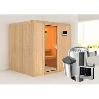 Karibu Sauna Innensauna Daria Fronteinstieg Ofen 3,6 kW externe Strg.easy 196x170x198 cm ohne Dachkranz mit Bronzierter Tür