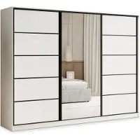 Masseno Schiebetürenschrank PINA 270/205/58 cm Kleiderschrank mit 4 Schubladen Schlafzimmer Schrank 3-türig mit Spiegel Weiß
