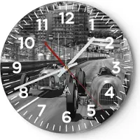 ARTTOR Wanduhr - Rund - Glasuhr - Formel 1 Retro - 30x30cm - Schleichendes Uhrwerk - Lautlos - zum Aufhängen bereit - Dekoration Modern - Wanddekoration aus Glas - C4AR30x30-4843