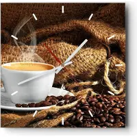ARTTOR Wanduhr - Quadrat - Glasuhr - Cappuccino Tasse Körner Beutel - 30x30cm - Schleichendes Uhrwerk - Lautlos - zum Aufhängen bereit - Dekoration Modern - Wanddekoration aus Glas - C3AC30x30-2383