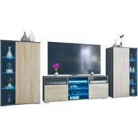 Vladon Wohnwand Davos, Anbauwand bestehend aus 2 Vitrinen und 1 TV-Board, Anthrazit matt/Eiche sägerau inkl. LED-Beleuchtung (329 x 134 x 35 cm)