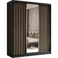 Masseno Schiebetürenschrank LAMELLO 180 cm Kleiderschrank Schlafzimmer Schrank 3-türig mit Spiegel und Lamellen Schwarz