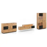 Feldmann-Wohnen Wohnwand Tirano Wohnzimmer-Set Massivholz geölt Ausführung wählbar,Kommode, Lowboard, Vitrine,Eiche Natur / Absetzung schwarz / Hirnholz