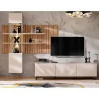Furn.Design Wohnwand "Laelia" in Sand matt und Artisan Eiche 280 cm Schrankwand inklusive LED Beleuchtung, Push-to-Open