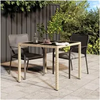 Markenlos Gartentisch aus Poly Rattan, 90x90x75 cm, mit gehärteter Glasplatte, beige