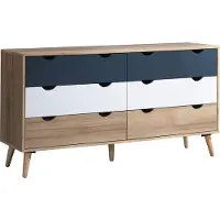 Vente-unique Kommode mit 6 Schubladen - Holzfarben, Weiß und Blau - LURVIA