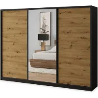 Masseno Schiebetürenschrank SORE 235/205/58 cm Kleiderschrank mit 4 Schubladen Schlafzimmer Schrank 3-türig mit Spiegel Schwarz / Eiche Artisan