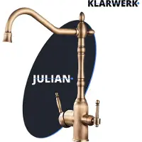 KLARWERK Julian | Retro 3-Wege Armatur Edelstahl Gold Messing | Vintage Filter Wasserhahn Küche | 360° Osmose Mischbatterie U-Auslauf 3 Anschlüsse